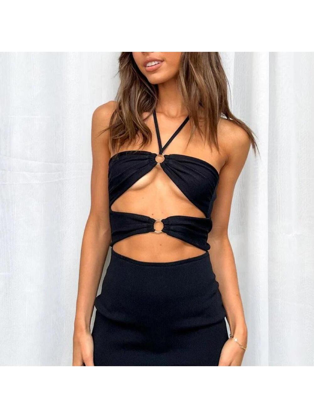 Beginning Boutique Maci black mini dress with cutouts and tie detail